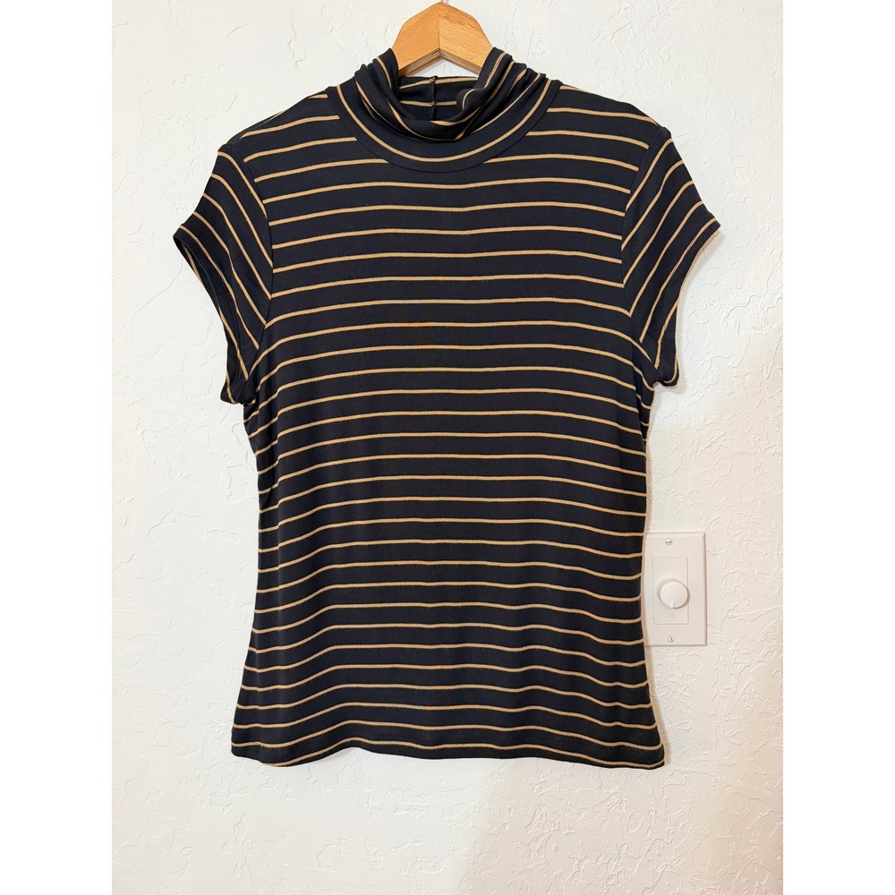 Cabi Striped Slinky Turtleneck 4202 Size Medium Mock Neck Top Black Camel Tan